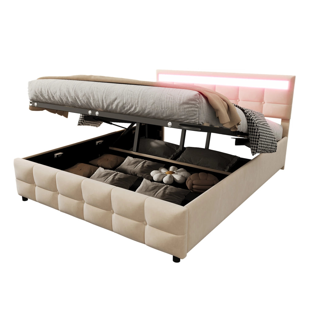 Letto imbottito 180x200 cm con contenitore idraulico e LED in velluto beige