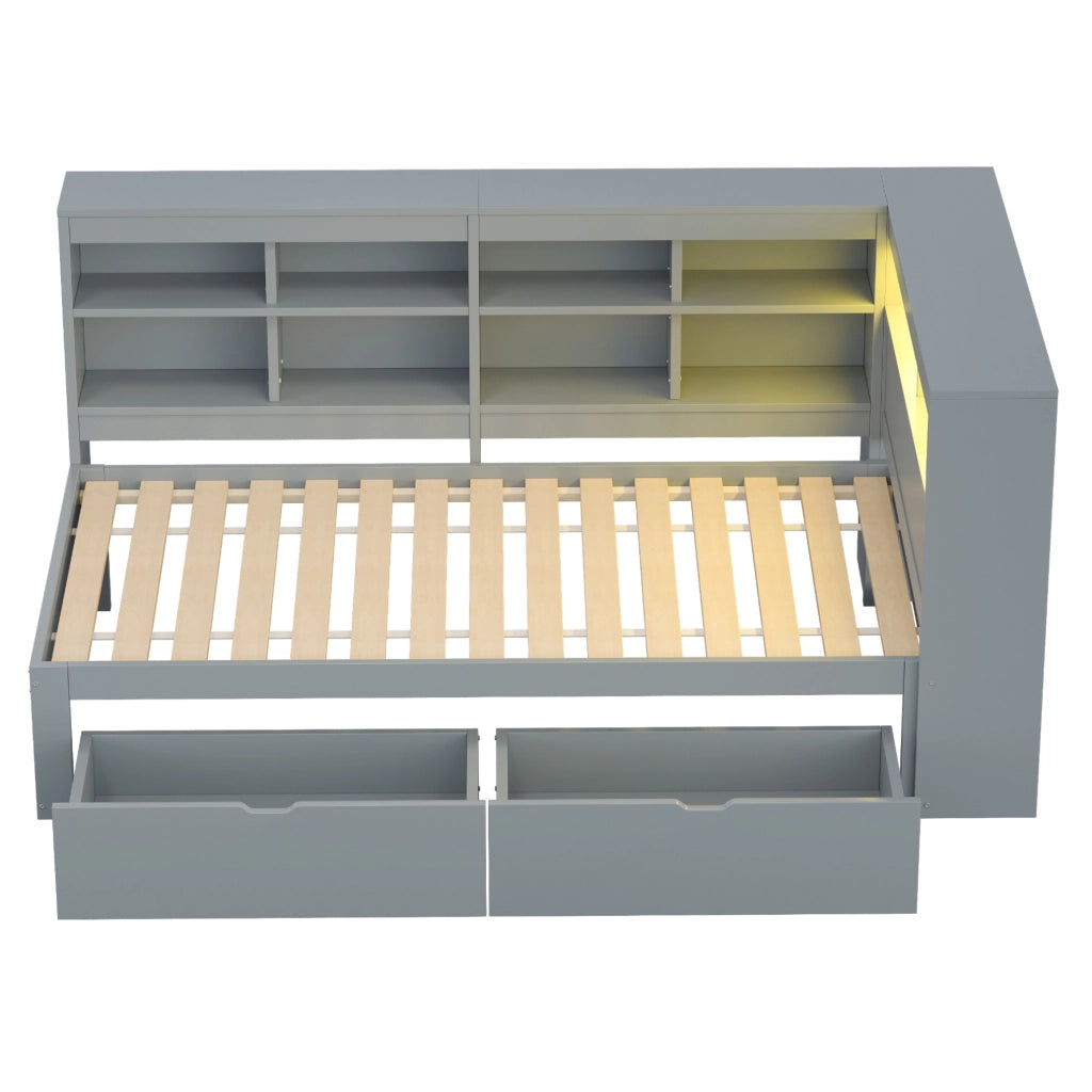 Letto da giorno ULEVR 90x200 cm con cassetti, ripiani, presa USB e LED multicolore, grigio