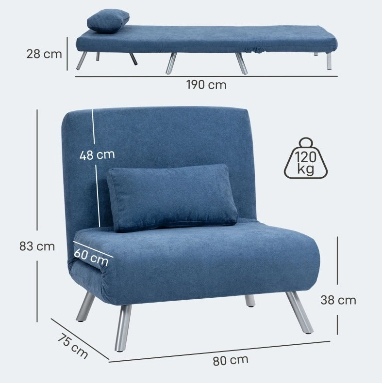 Poltrona letto pieghevole senza braccioli con rivestimento in tessuto blu e cuscino