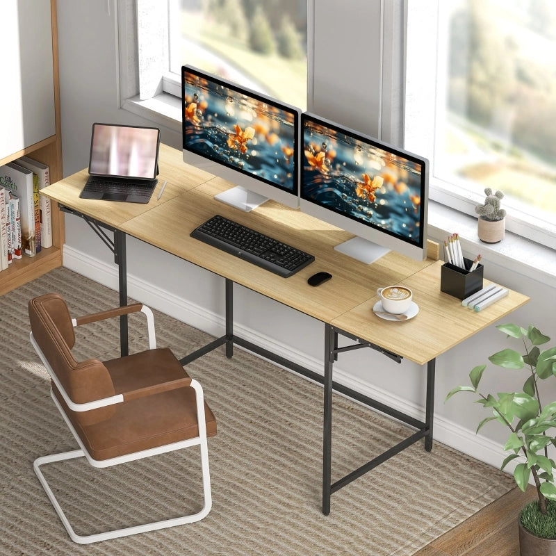 Scrivania pieghevole multifunzionale con 2 allunghe, gambe in metallo, per ufficio e studio, rovere, 170 × 58 cm