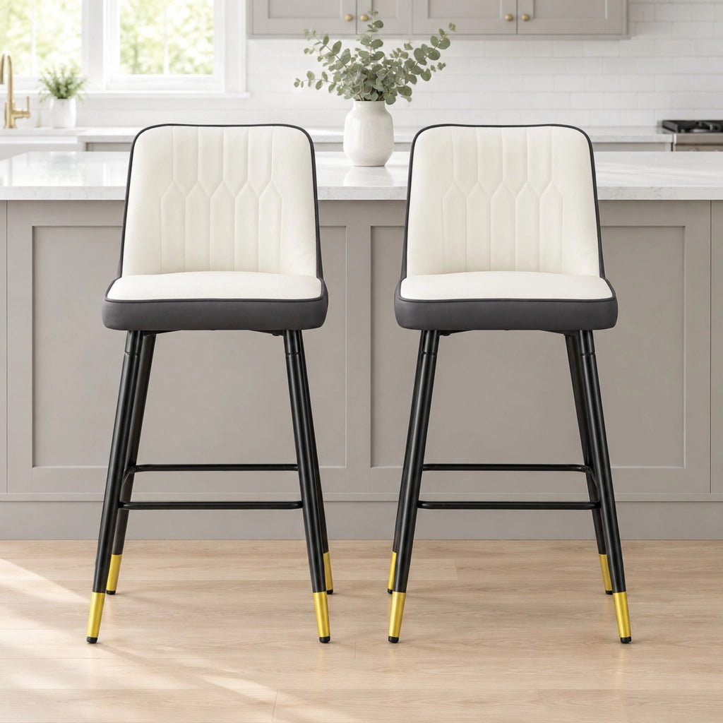 Set di 2 sgabelli da bar con schienale ergonomico in metallo e PU bianco e grigio scuro
