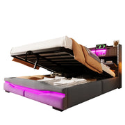 Letti contenitori 160x200 cm; contenitore idraulico e luci LED; lino; grigio (Senza materasso)