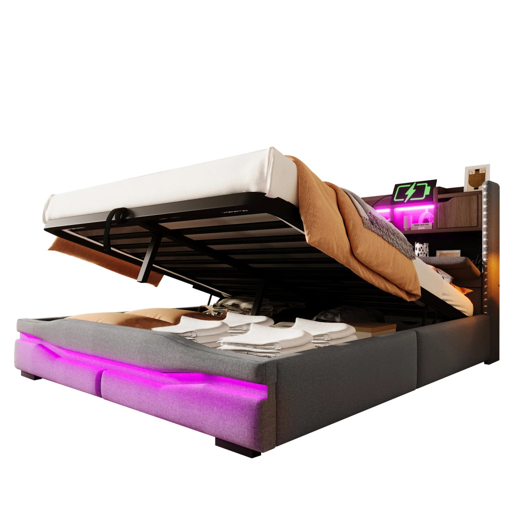 Letti contenitori 160x200 cm; contenitore idraulico e luci LED; lino; grigio (Senza materasso)