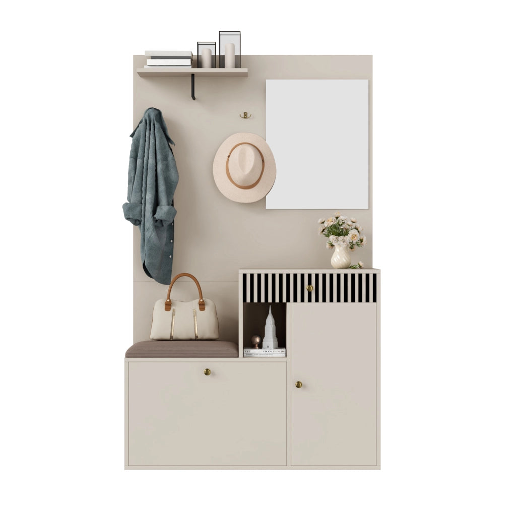 Mobile Ingresso con Specchio; 2 Ante; 1 Cassetto e Ripiani Regolabili; Seduta Imbottita; in MDF; 110??37??185;5 cm; Beige