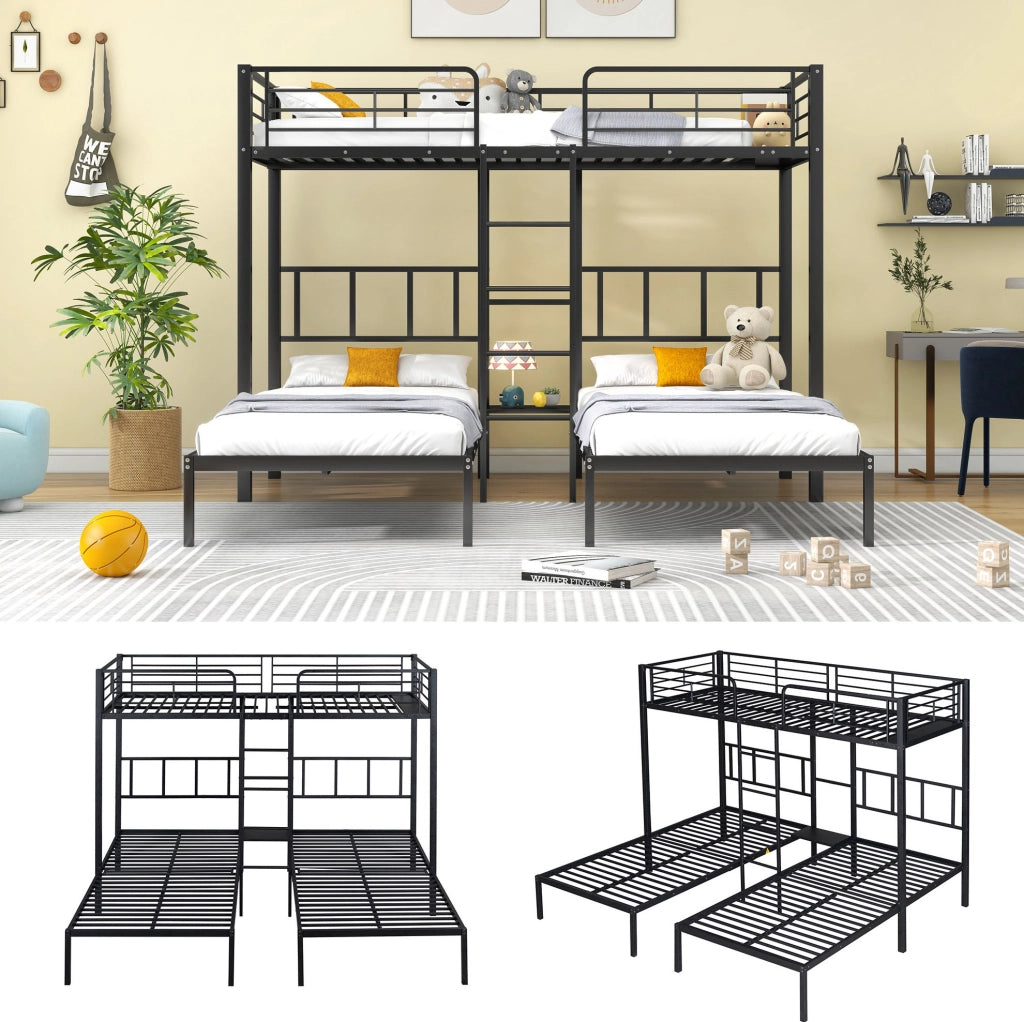 Letto a castello triplo in metallo con scala e tavolo; nero; per materassi 90x200 cm