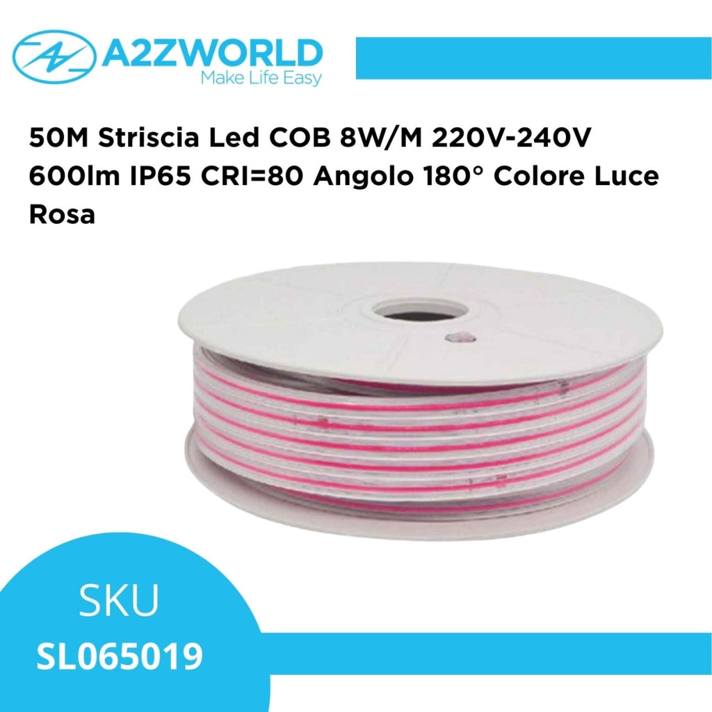50M Striscia Led COB 8W/M 220V-240V 600lm IP65 CRI=80 Angolo 180° Colore Luce Rosa