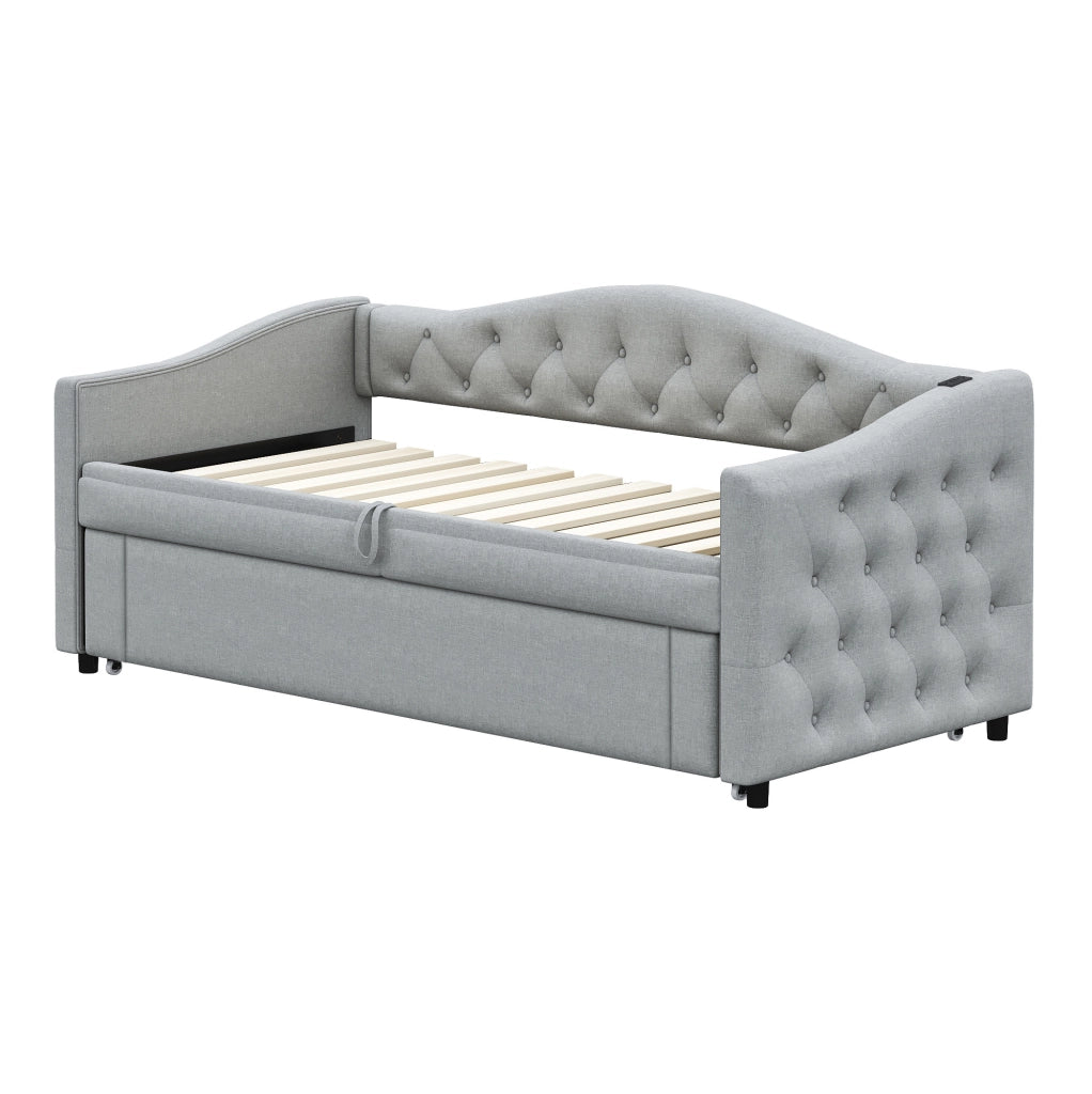 Letto imbottito 90x200 cm multifunzionale con USB in lino grigio