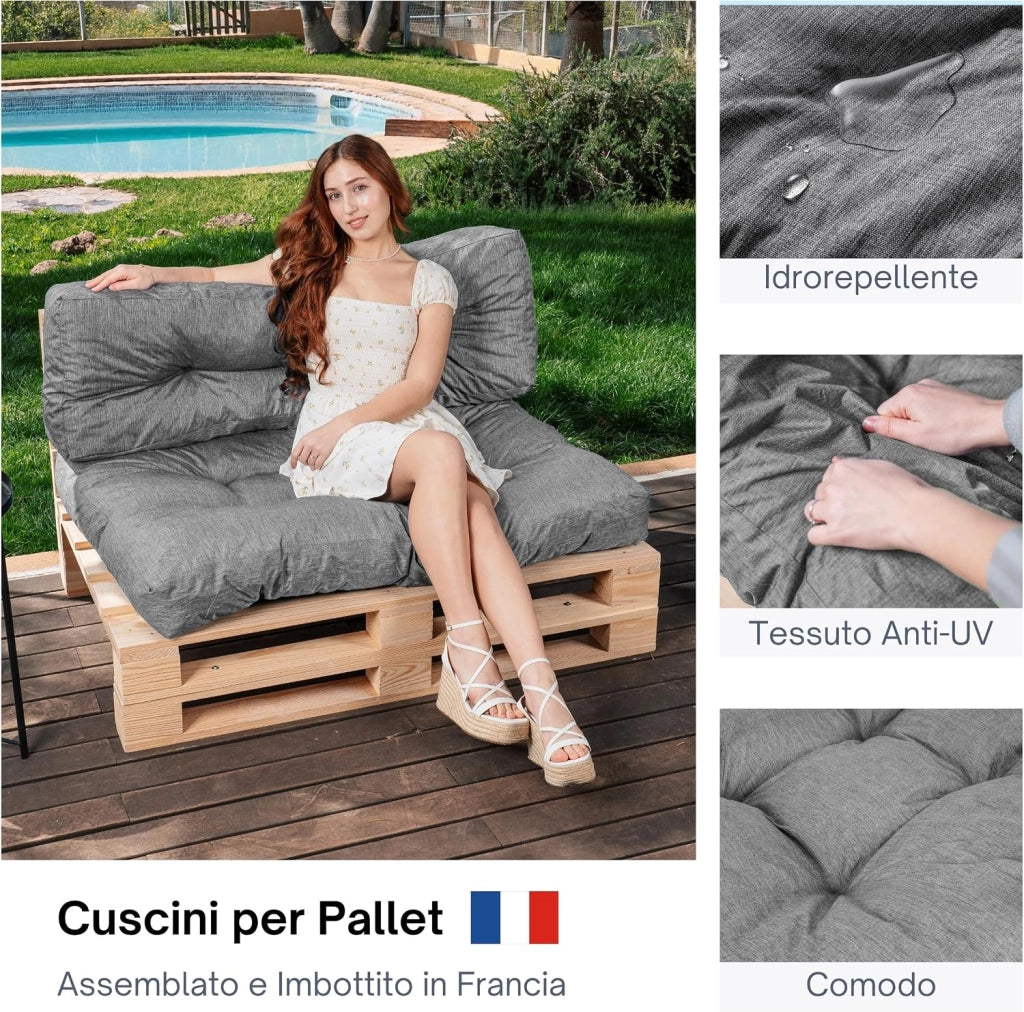 Cuscini per Pallet - Tessuto Idrorepellente e Anti-UV - Molto Confortevole, Imbottito in Schiuma - Cuscini per Divano Esterno Giardino (Seduta 120x80 cm + Schienale 120x40 cm, Grigio)