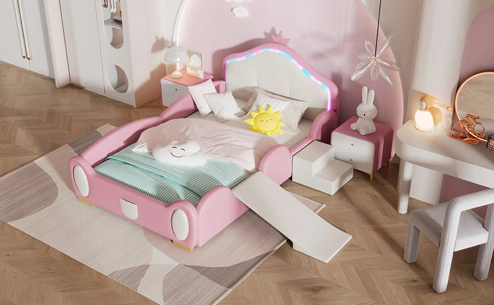 Letto 90x200cm - Xylo - LED, scivolo, PU, rosa+beige