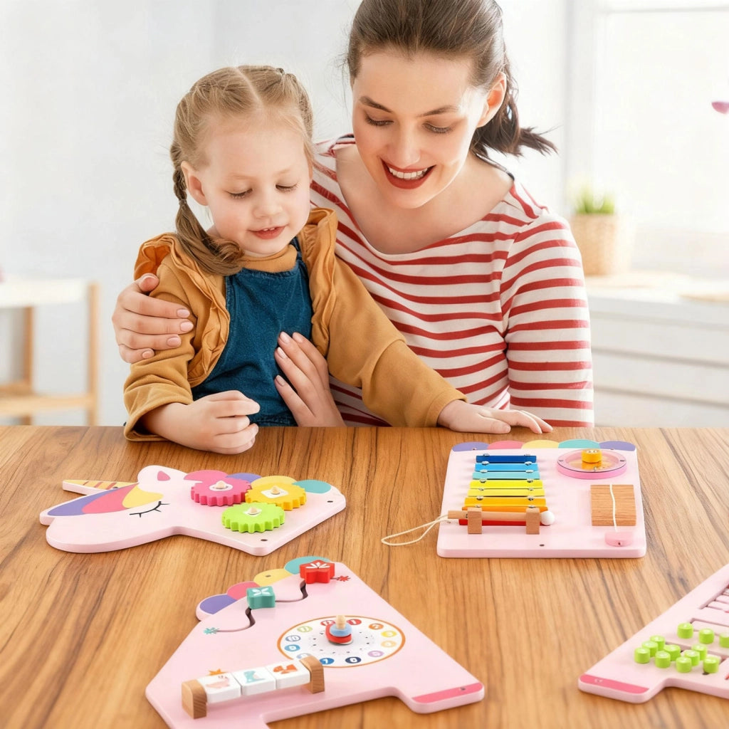 Pannelli attività unicorn busy board legno montessori 11 in 1-Tavola sensoriale sviluppo precoce parete sala giochi asilo nido