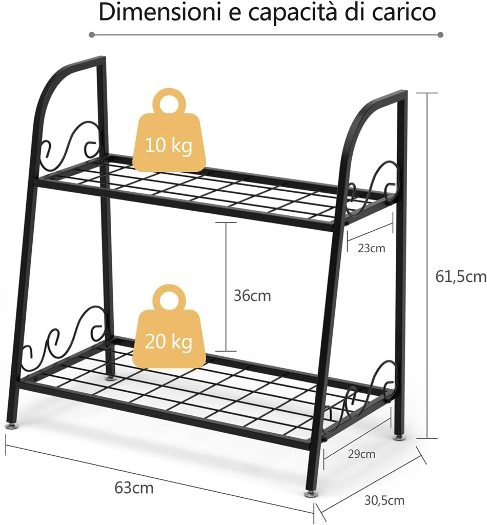 Scaffale Portafiori a 2 Ripiani, Porta Piante da Esterno e Interno a Scala, Scaffale Porta Vasi di Metallo per Balcone, Soggiorno e Giardino, 63 x 30,5 x 61,5 cm