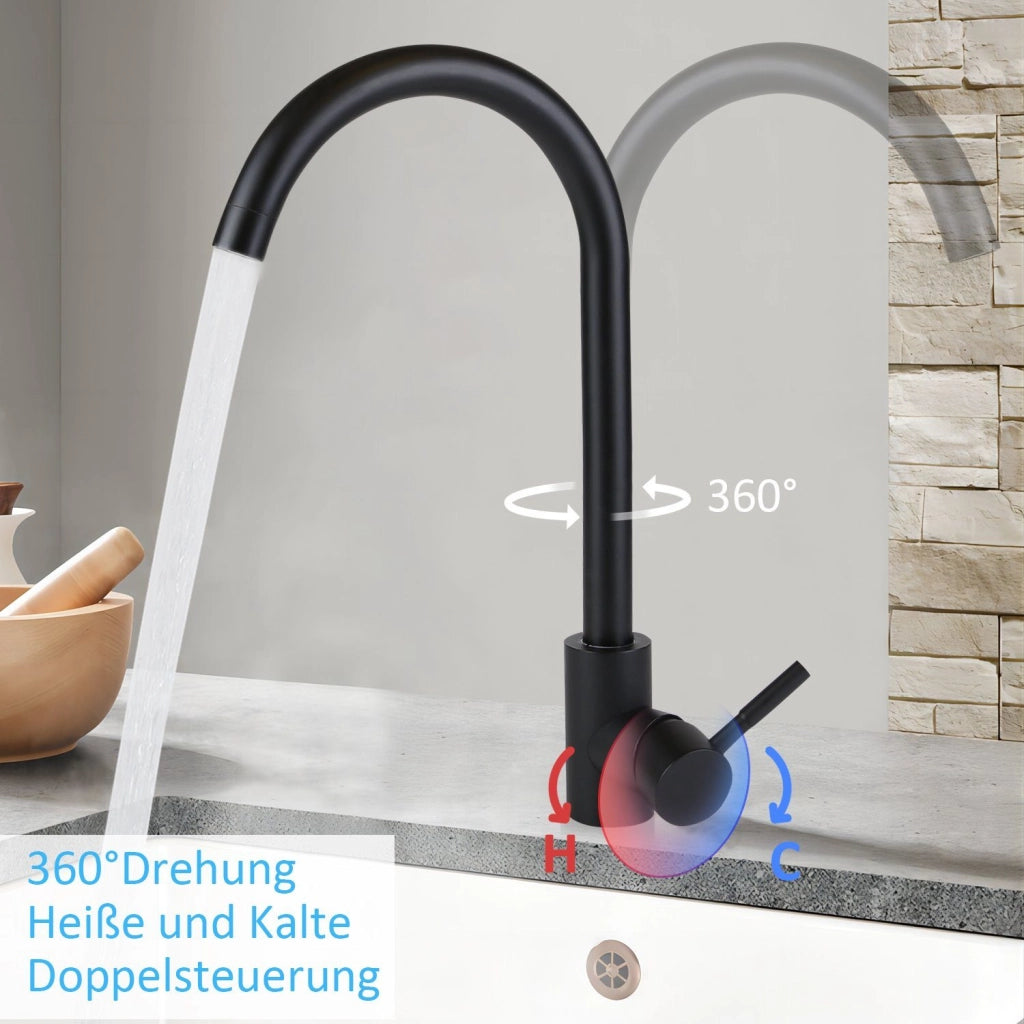 ZMH Rubinetti cucina in acciaio inox nero con miscelatore girevole a 360°