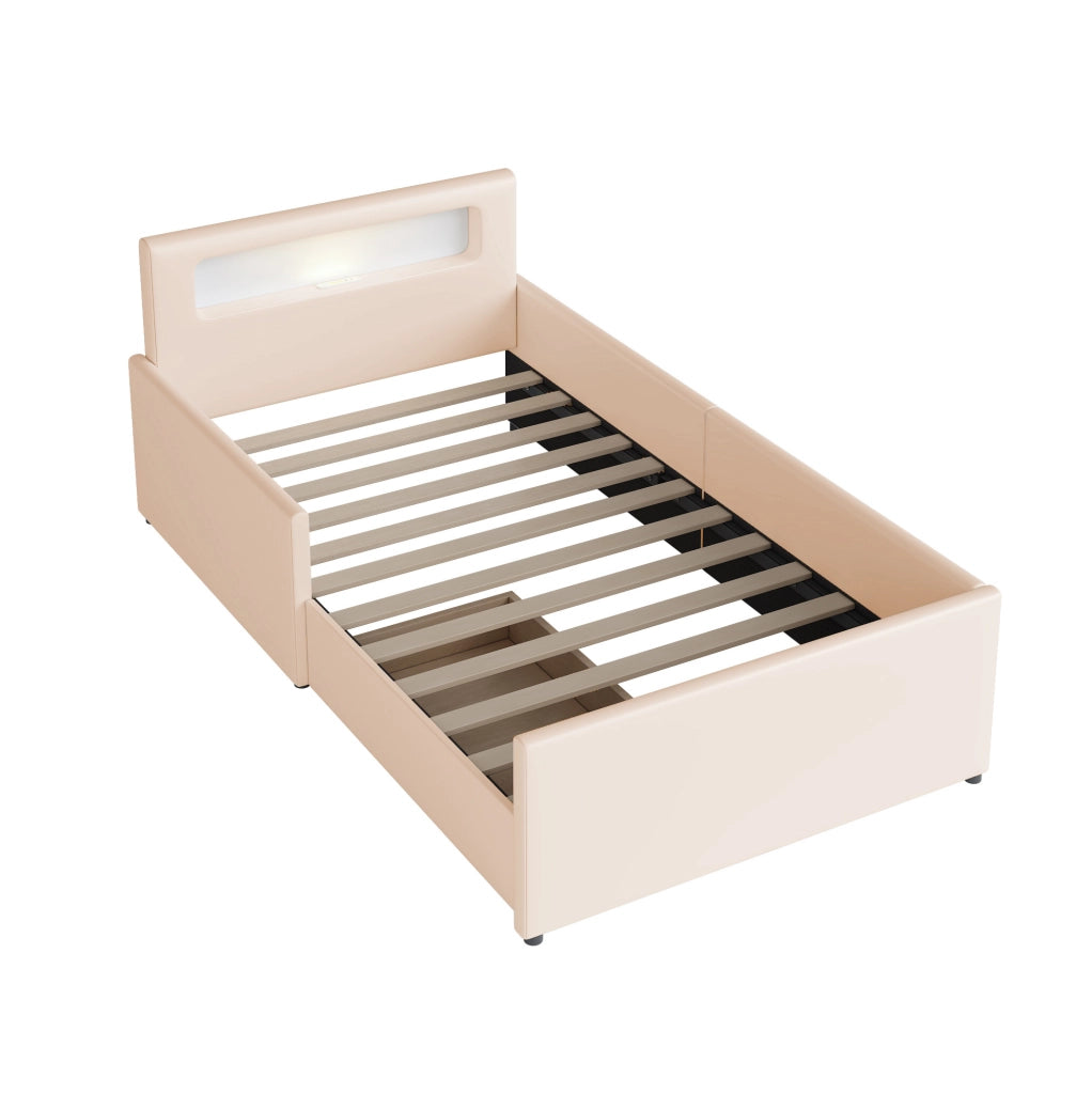 Letto imbottito per bambini 90x200 cm con LED; USB e cassetti; beige