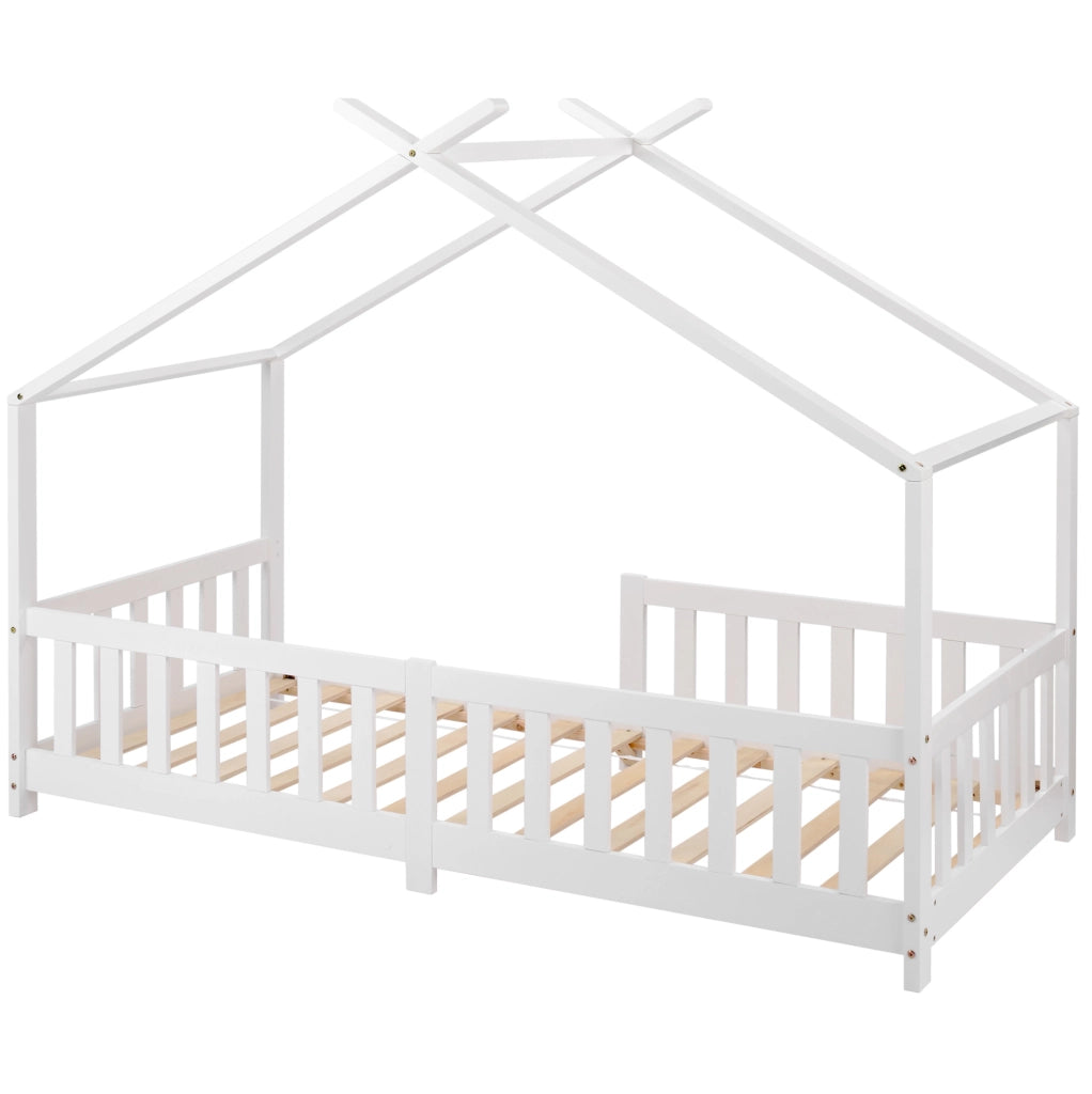 Letto a casetta per bambini 90x200 cm con sponde di sicurezza in legno massello bianco