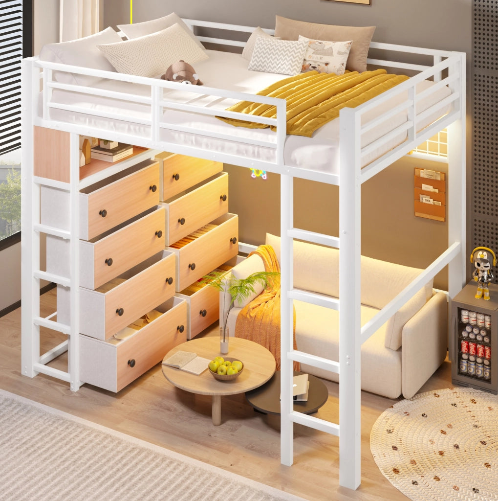 Letto a soppalco 140x200 cm con 8 cassetti, mensole e luce LED