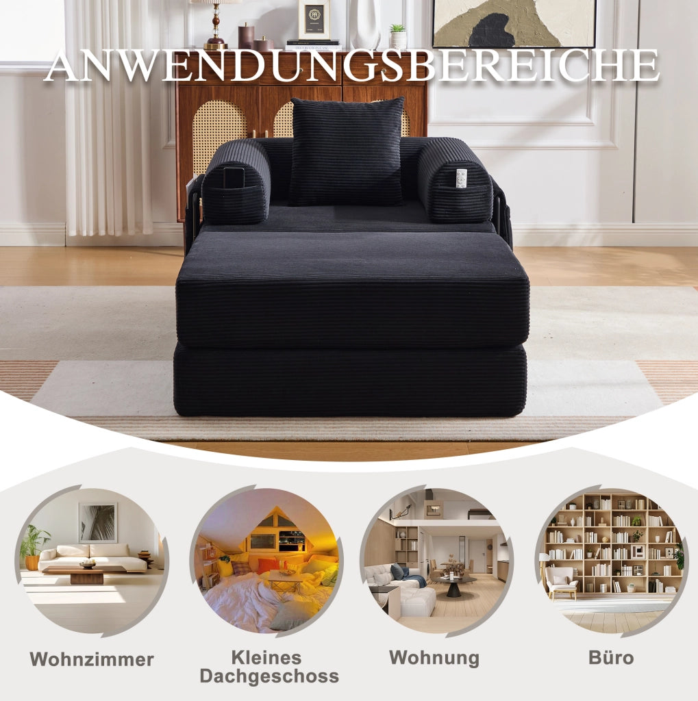 Divano modulare con pouf e tasca laterale; 112x190x67 cm; velluto a coste nero