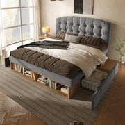 LETTO 90x200 cm Imbottito in Velluto Grigio con Cassetti e Testiera Regolabile