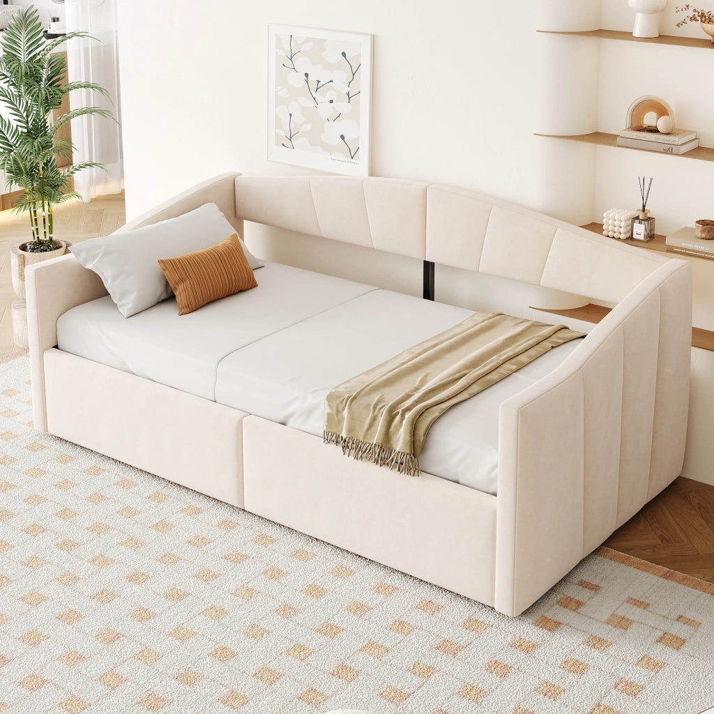 OKWISH Letto Banquette Singolo con Contenitore, con Sollevamento Idraulico, Schienale e Braccioli, 200×90 cm, senza Materasso, in Velluto, Beige