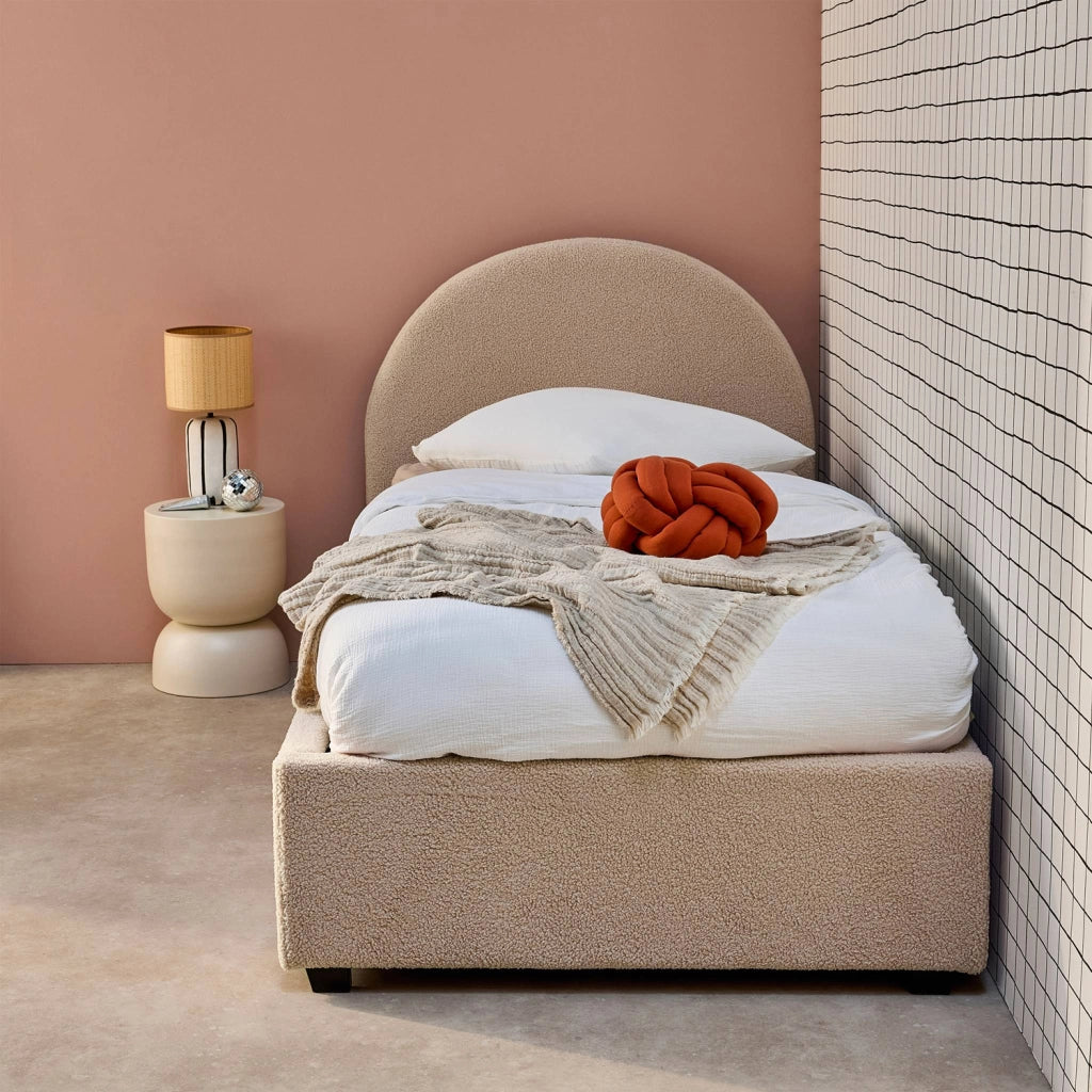 Struttura letto con contenitore e testiera 90x190cm, imbottita bouclé,