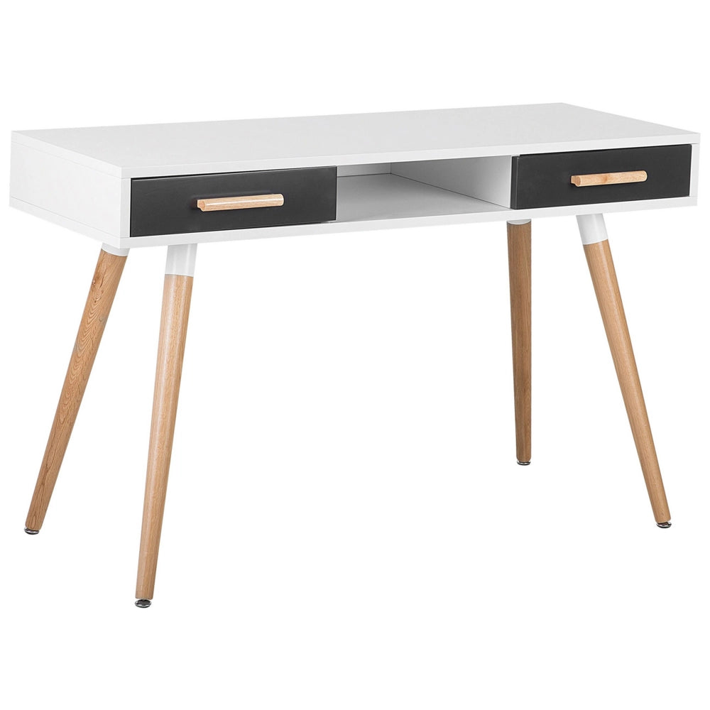 Scrivania Bianco Grigio 120 x 45 cm 2 Cassetti Scaffale Gambe in Legno Massello Contemporaneo