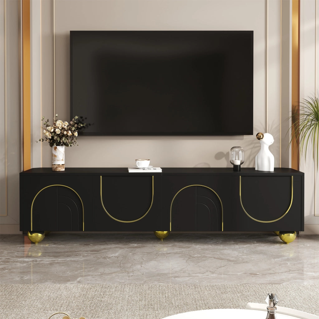 Mobile TV con 4 Ante e Ripiani; Apertura Push-to-Open; Piedini Rotondi Dorati; in Pannello Truciolare; 170??38??44 cm; Nero