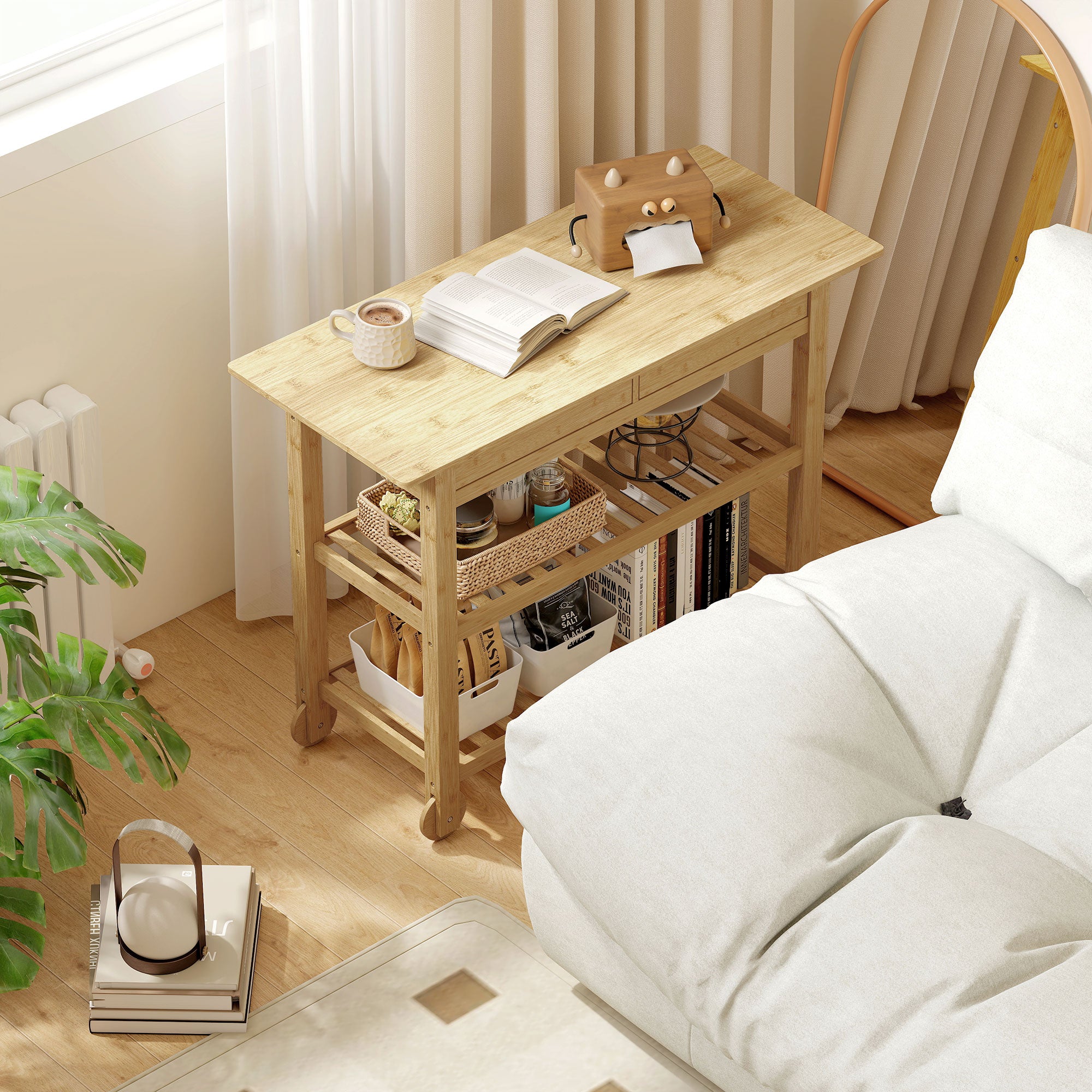 Carrello Cucina 100x43x75 cm con 2 Cassetti 2 Ripiani a Doghe e 2 Rotelle in Legno di Bambù