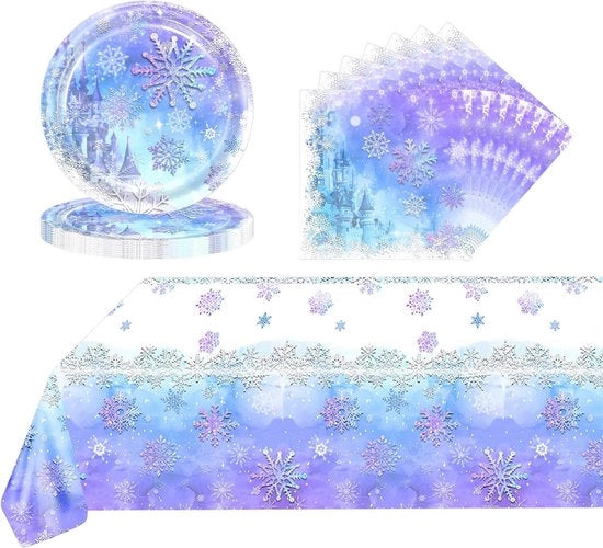 Servizio da tavola decorativo per 16 persone con 37 piatti in carta a forma di fiocco di neve, serviette e accessori per la tavola da Natale.