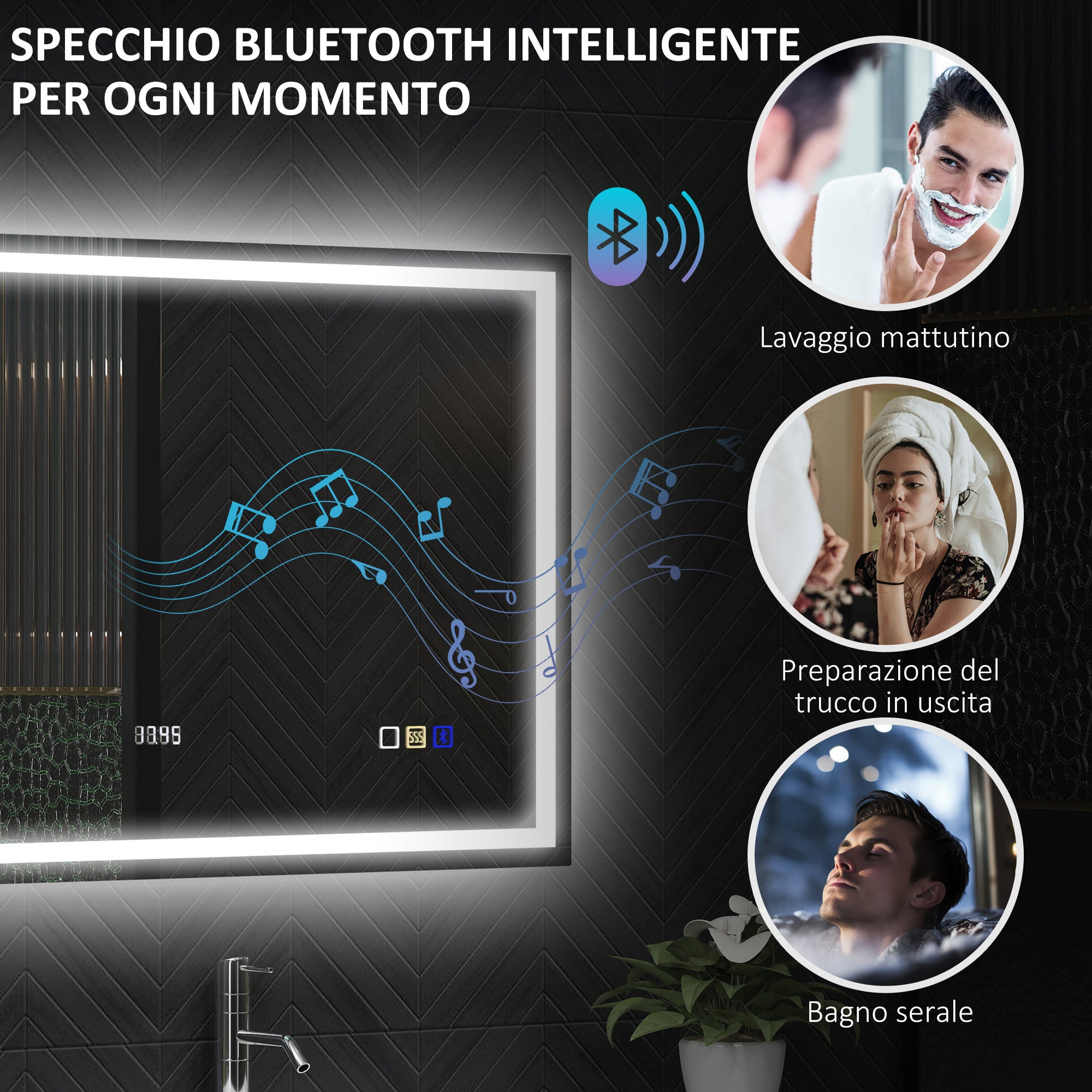 Specchio Bagno da Parete LED Antiappannamento 80x100 cm Speaker Bluetooth e Pulsanti Touch in Vetro Temperato