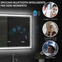 Specchio Bagno da Parete LED Antiappannamento 80x100 cm Speaker Bluetooth e Pulsanti Touch in Vetro Temperato