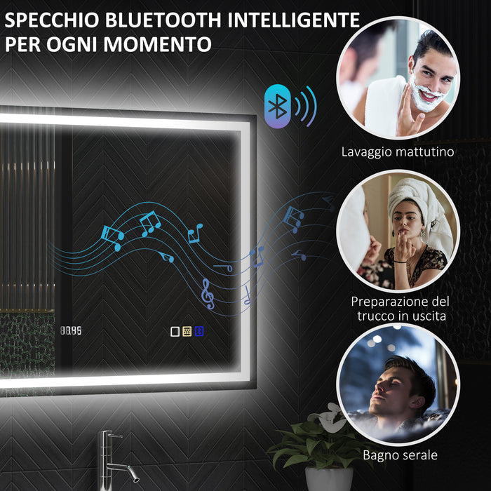 Specchio Bagno da Parete LED Antiappannamento 80x100 cm Speaker Bluetooth e Pulsanti Touch in Vetro Temperato