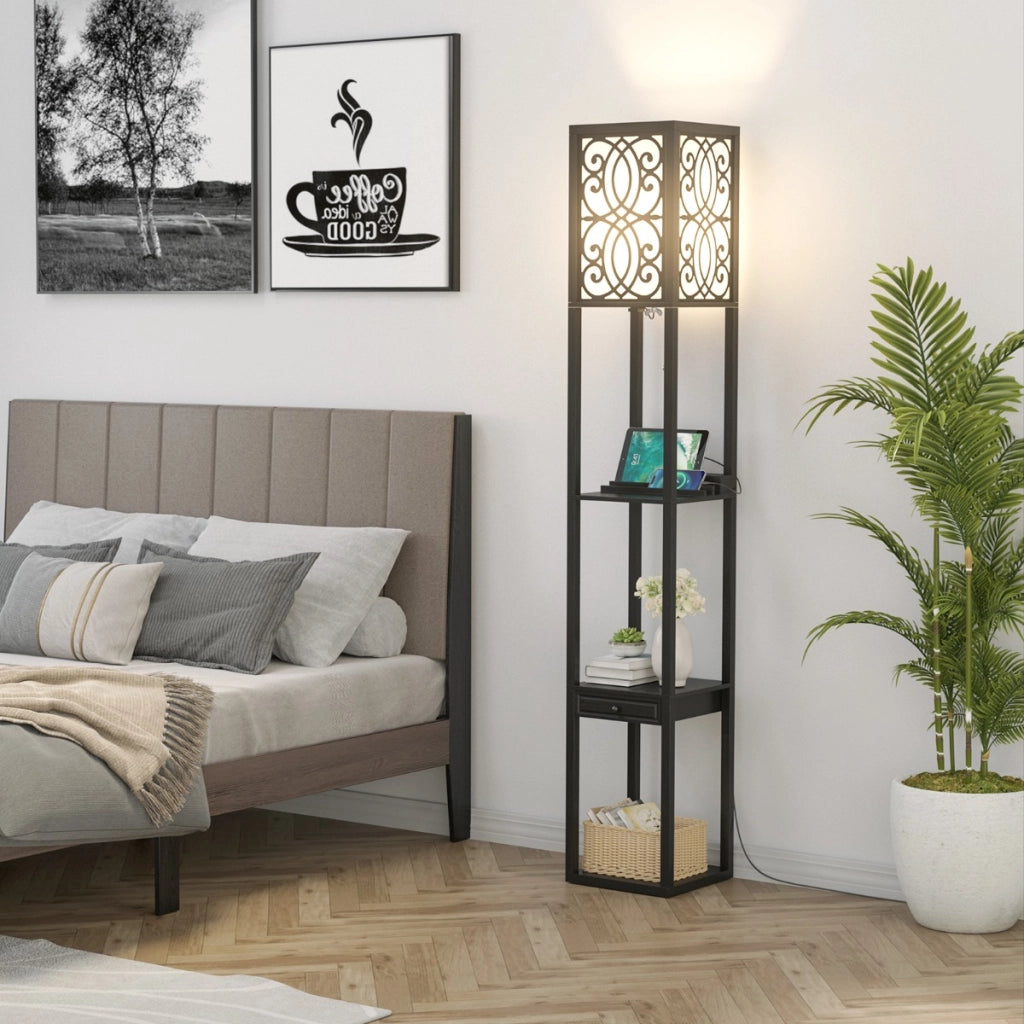 Lampada a stelo con ripiani e cassetto-MensoleLampada a piantana moderna con 1 presa elettrica 2 porte USB Nera