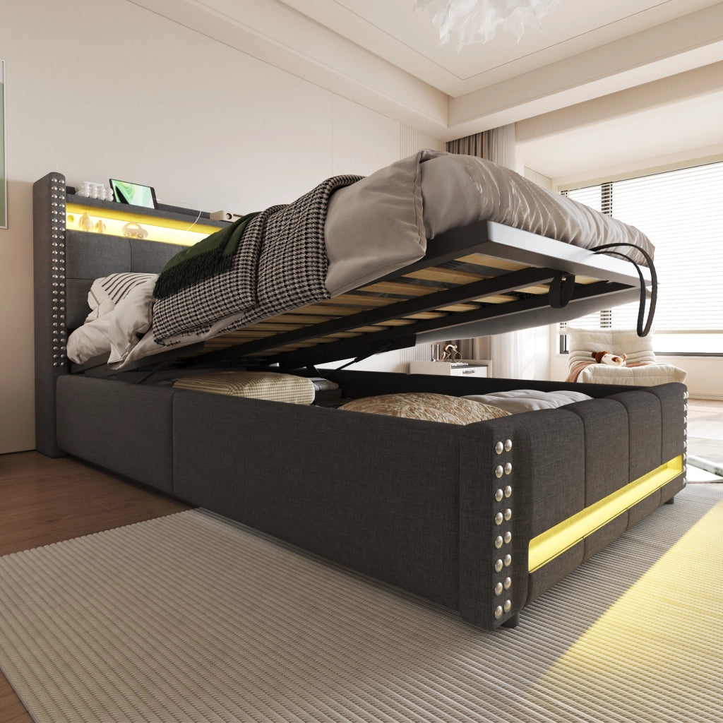 Letto imbottito singolo 90x200 cm con luci LED, porta USB, contenitore idraulico e testiera con ripiani, tessuto effetto lino grigio