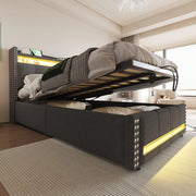 Letto imbottito singolo 90x200 cm con luci LED, porta USB, contenitore idraulico e testiera con ripiani, tessuto effetto lino grigio