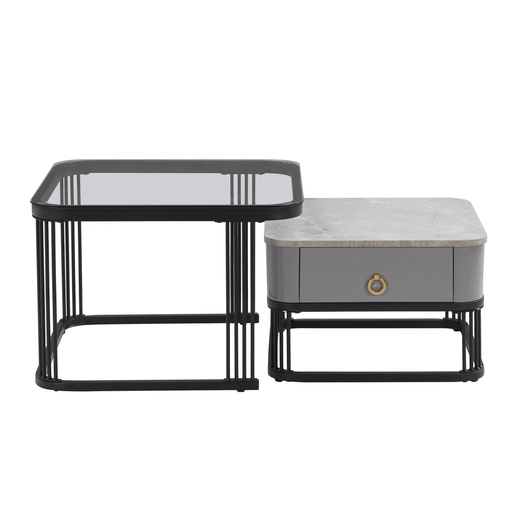 Tavolini bassi a incastro con 2 Cassetti; piano effetto marmo e vetro; per soggiorno; in MDF; Nero; 60 × 60 × 44.5 cm