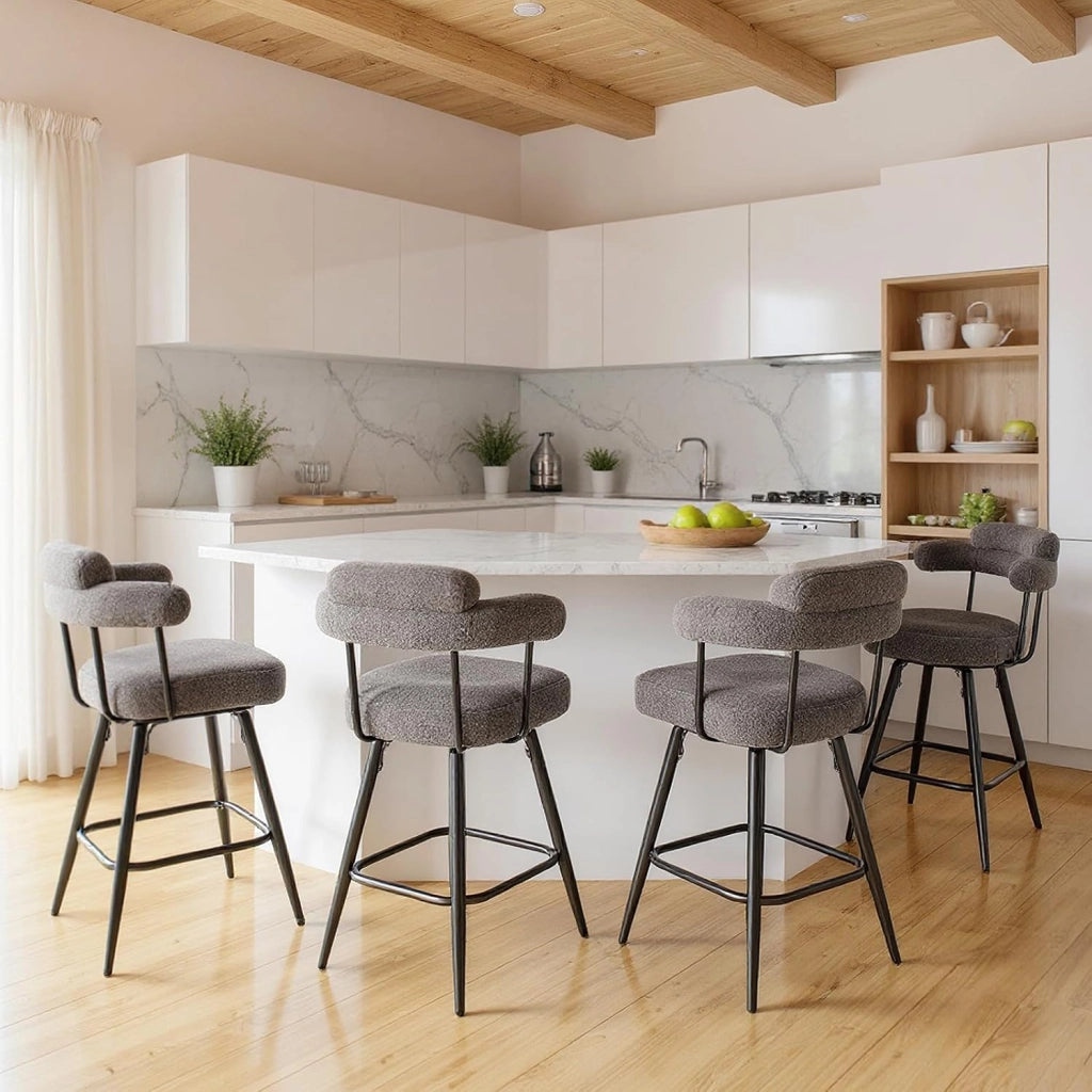 Set di 2 Sgabelli da Bar Girevoli Altezza 69 cm, Sedie Moderne Imbottite con Tessuto Boucle, Schienali Curvi e Gambe in Metallo, Sedie Girevoli per Isola Cucina, Casa, Bianco/Grigio (Grigio)