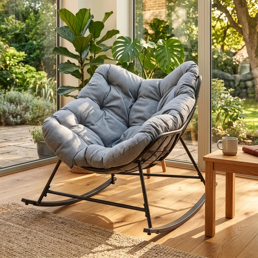 Sedia a Dondolo Villeneuve da Giardino con Cuscino Imbottito 85 x 90 x 91 cm - Nero / Grigio [en.casa]