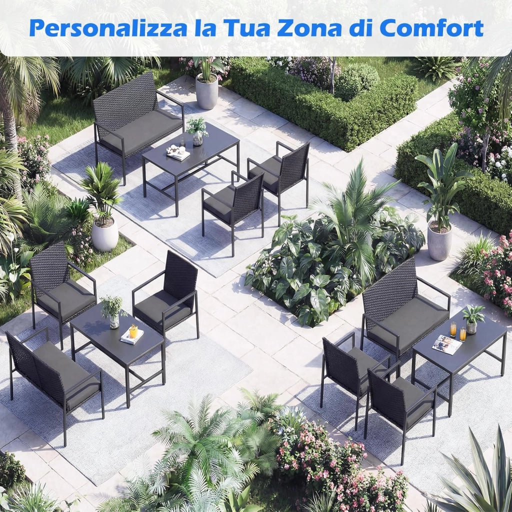 Set di Salotto da Giardino a 4 Pezzi, Poltrone e Divano per Esterno in Rattan con Tavolino da Caffè in Vetro Temperato e Cuscini Morbidi, Set di Conversazione per Cortile e Balcone (Grigio)