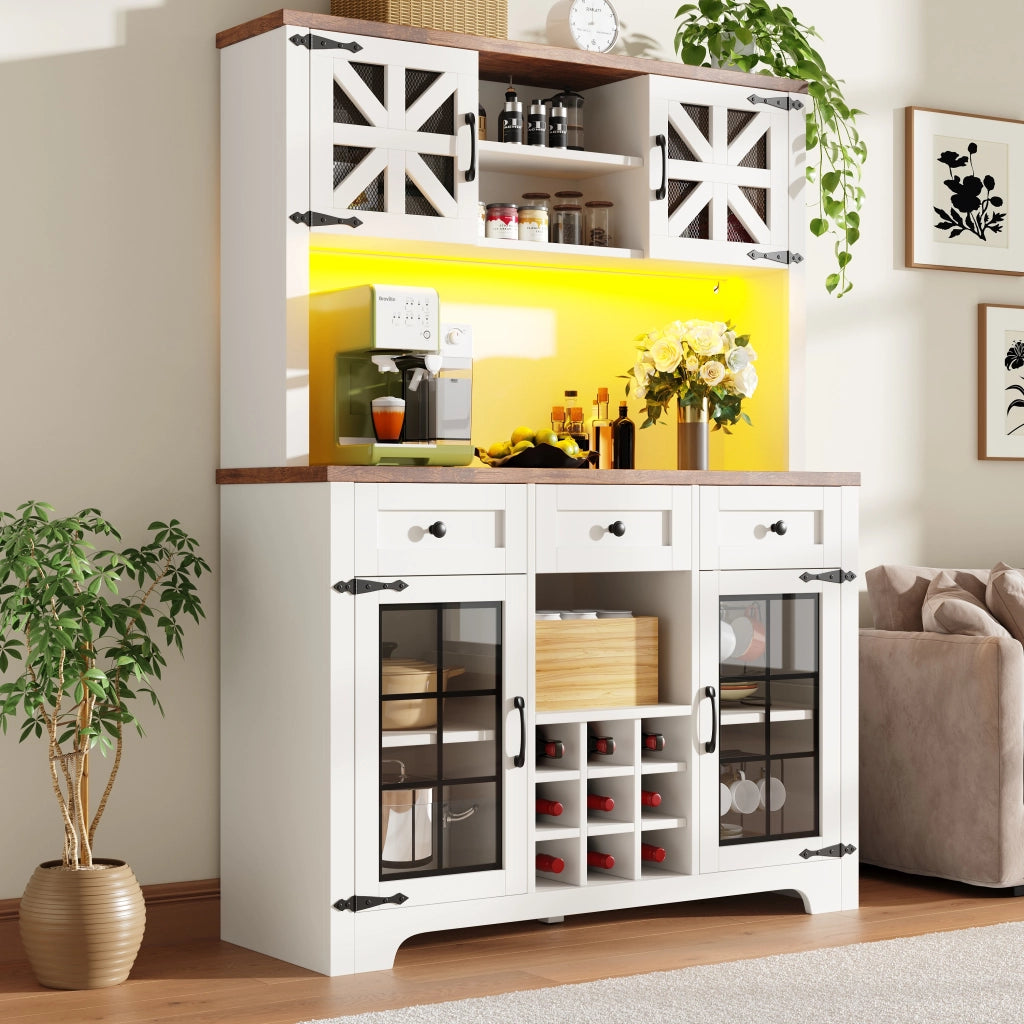 Madia Alta da Cucina con Cassetto; Ripiani Regolabili; LED e Portabottiglie; in MDF e Vetro; 120x40x180 cm; Bianco