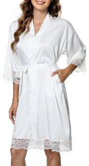 Kimono da notte per donna, giacca da camera estiva, pigiami con tasche a rasoio, giacca da camera corta con cintura e bordo a fiori, notturno per festa, matrimonio, damigella d'onore, bianco.