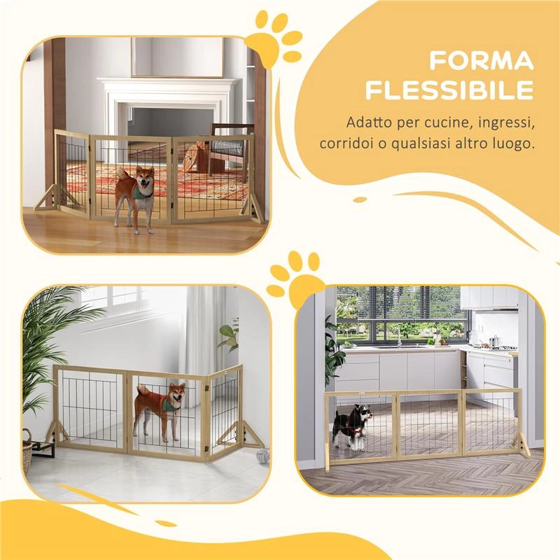 CANCELLINO PER CANI PIEGHEVOLE CON 3 PANNELLI E PIEDINI TRIANGOLARI, 210X70 CM, LEGNO NATURALE
