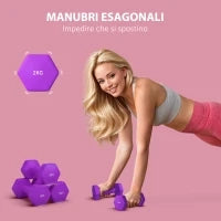 Set 2 Manubri 2x2 kg Esagonali e Antiscivolo per Casa e Palestra, in Metallo e Plastica, 16x7.5x7.5 cm, Viola