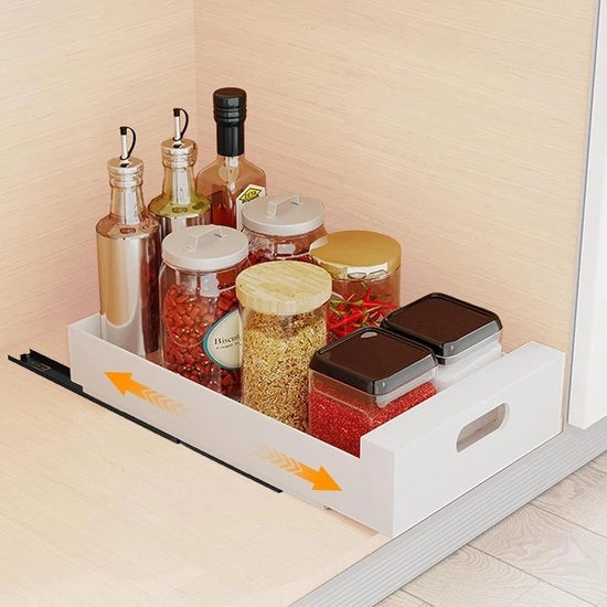 Carrello di caricamento telescopico, 43 cm x 35 cm x 6 cm, cassetti estensibili, ripiani di stoccaggio, senza foratura, cassettiera estensibile con guide e maniglia, cassettiera estensibile per cucina, bianca