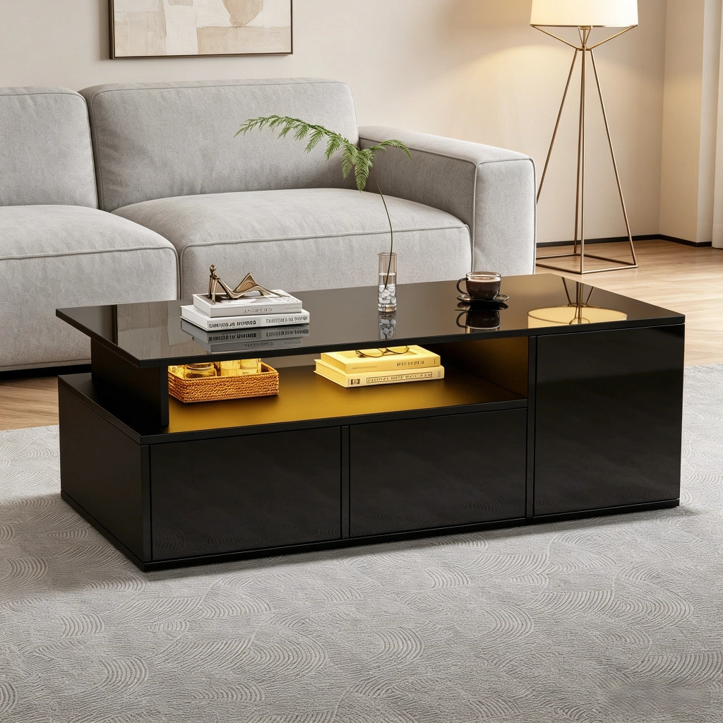 Tavolino da salotto 100 x 50 x 35 cm con LED, 2 cassetti e ampio spazio contenitivo, nero lucido