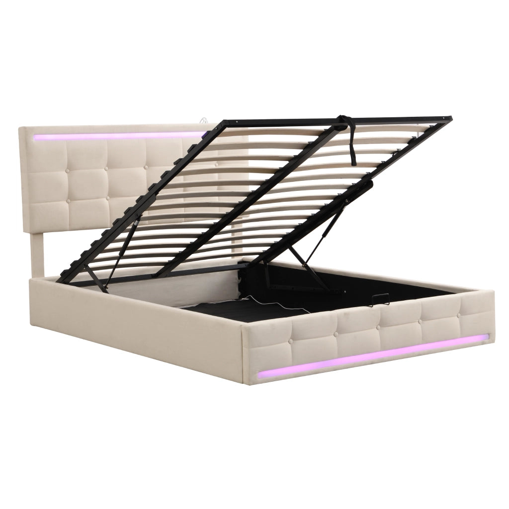 Letto matrimoniale imbottito LED 140 x 200 cm con contenitore e USB beige