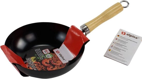 Piatto wok in acciaio inossidabile - 20 cm - con maniglia in legno - ideale per varie preparazioni