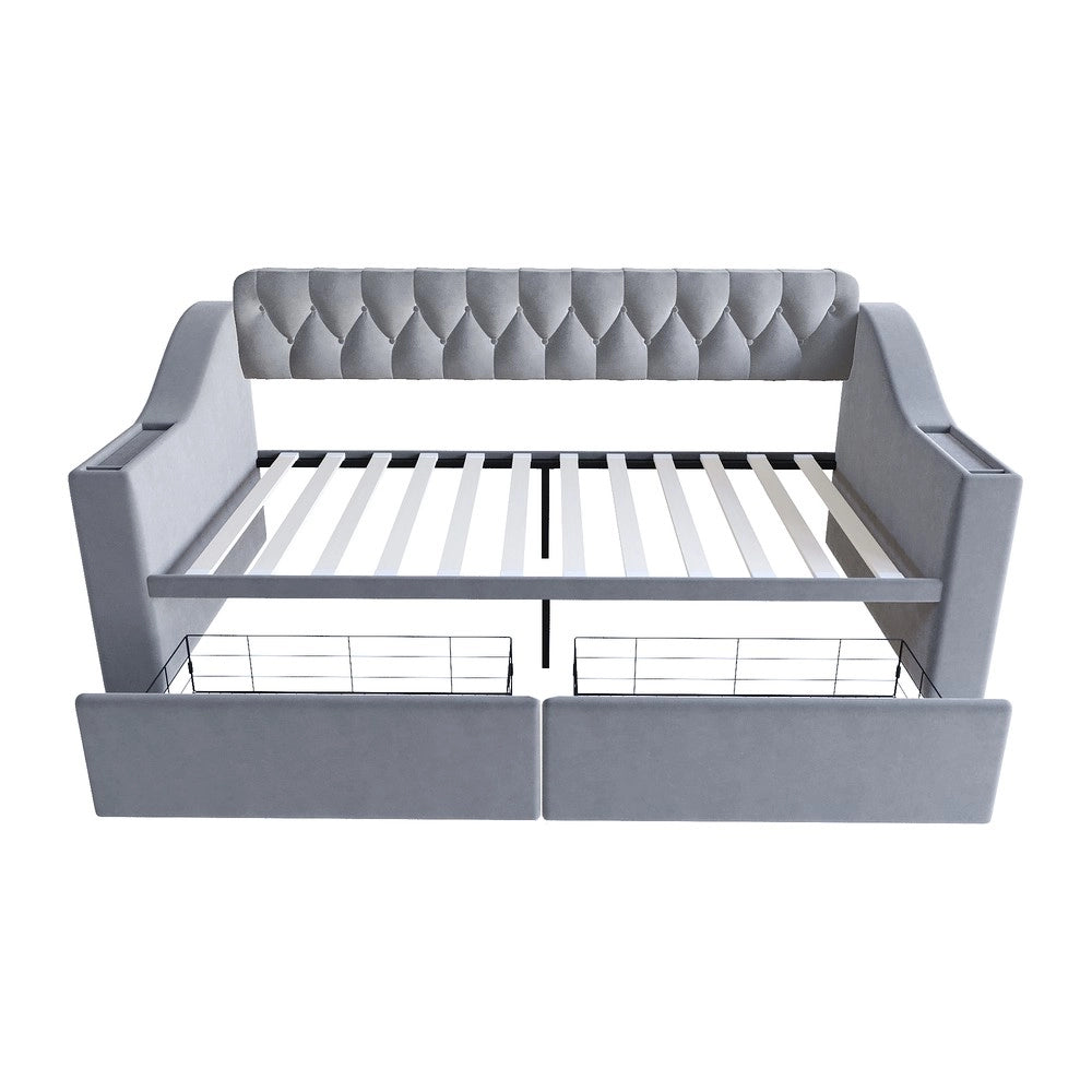 Letto Imbottito Singolo con Cassetto e USB ¨C MINIMAL ¨C Velluto Grigio Chiaro 90x190