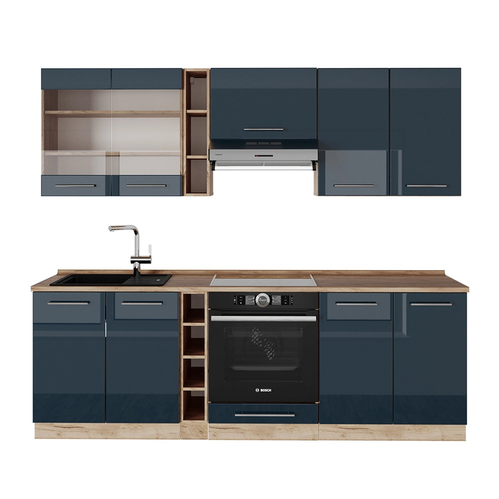 Cucina componibile Fame-Line Blu scuro lucido/Rovere dorato 235 cm, PL Rovere Vicco