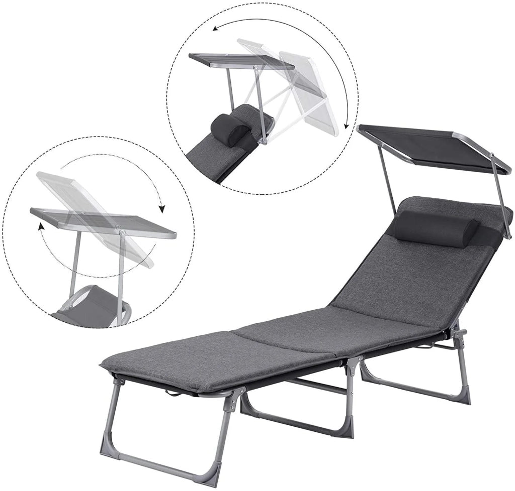 Lettino prendisole/sdraio con materasso da 3 cm cuscino per lo schienale e ombrellone inclinabile pieghevole 53 x 193 x 29,5 cm portata 150 kg per giardino grigio scuro 12_0001104