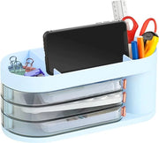 Organizzatore per ufficio, contenitore per penne, organizzatore multifunzionale con caricabatterie per uso domestico, ufficio e bagno, tavolo per trucco, scatola per trucco, blu