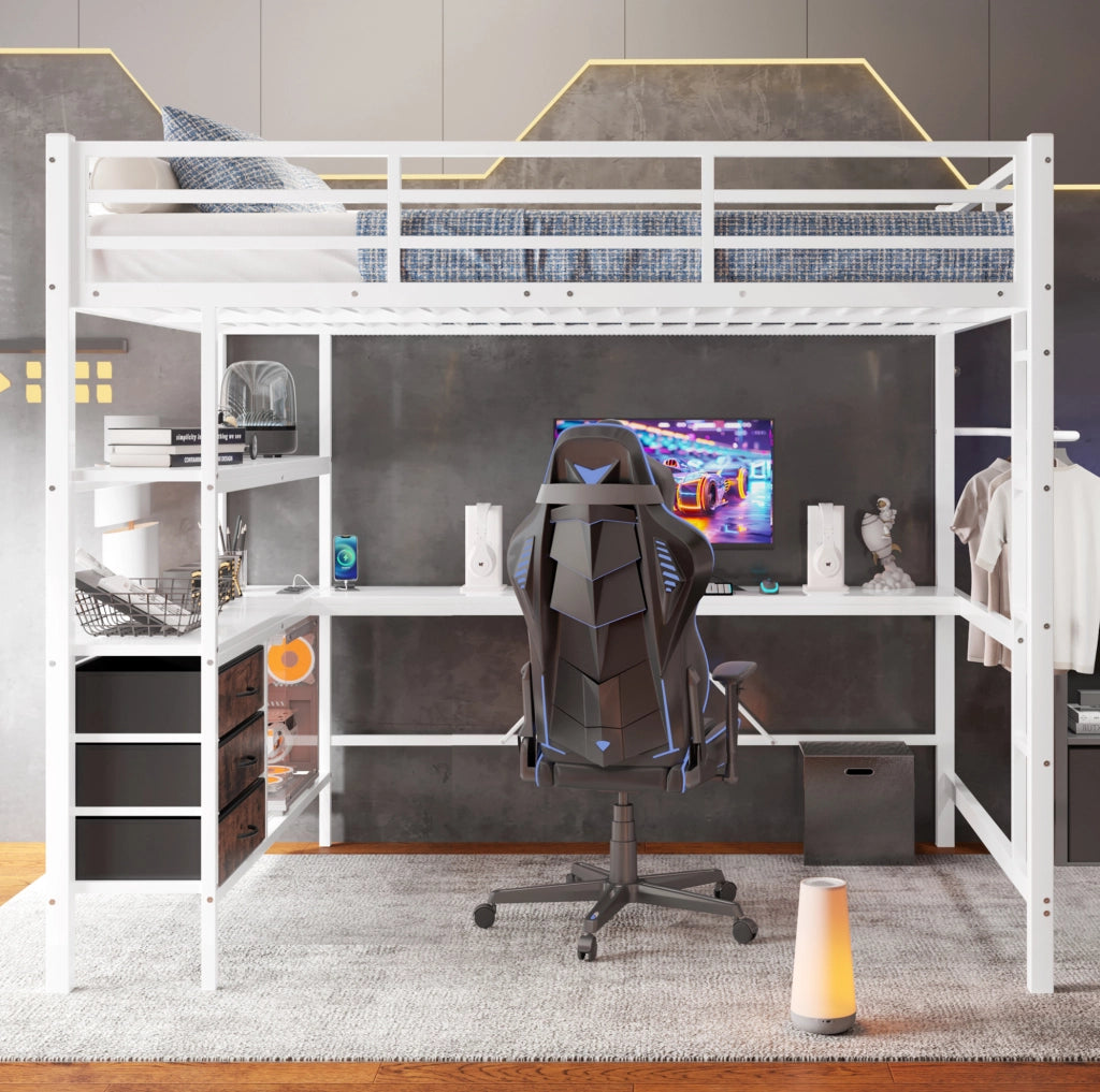 Letto a soppalco 140x200 cm bianco con scrivania, LED, USB e 3 cassetti